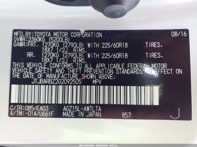 Auction sale of the 2016 Lexus Nx 200t, vin: JTJBARBZ2G2092505, lot number: 44767904