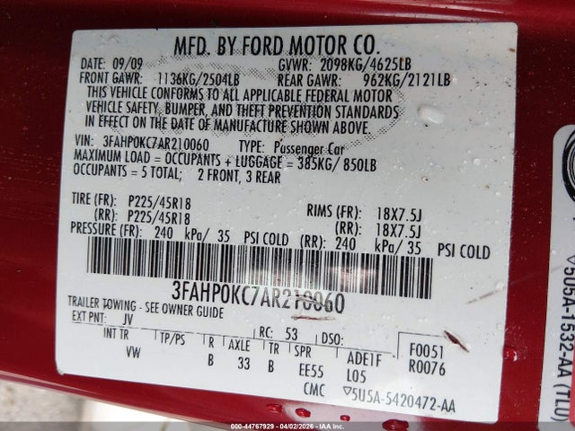 Aukcja sprzedaży 2010 Ford Fusion Sport, vin: 3FAHP0KC7AR210060, numer aukcji: 44767929