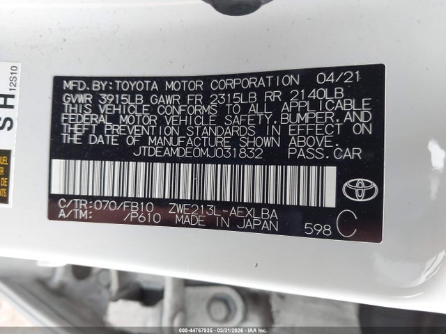 Toyota Corolla Hybrid Le 2021 JTDEAMDE0MJ031832 Image 9