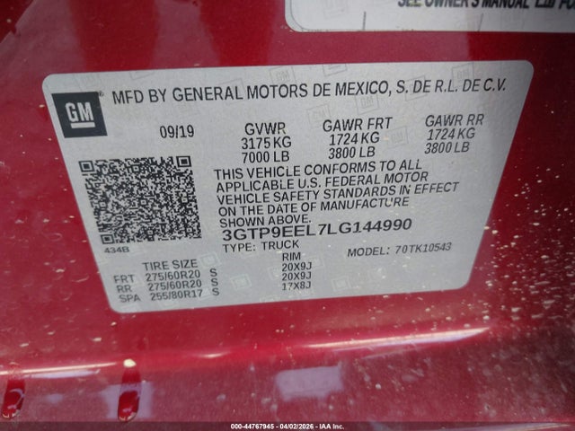 44767945 :رقم المزاد ، 3GTP9EEL7LG144990 vin ، 2020 Gmc Sierra 1500 4wd  Short Box At4 مزاد بيع