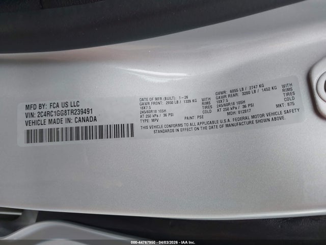 44767950 :رقم المزاد ، 2C4RC1GG8TR239491 vin ، 2026 Chrysler Pacifica Limited مزاد بيع