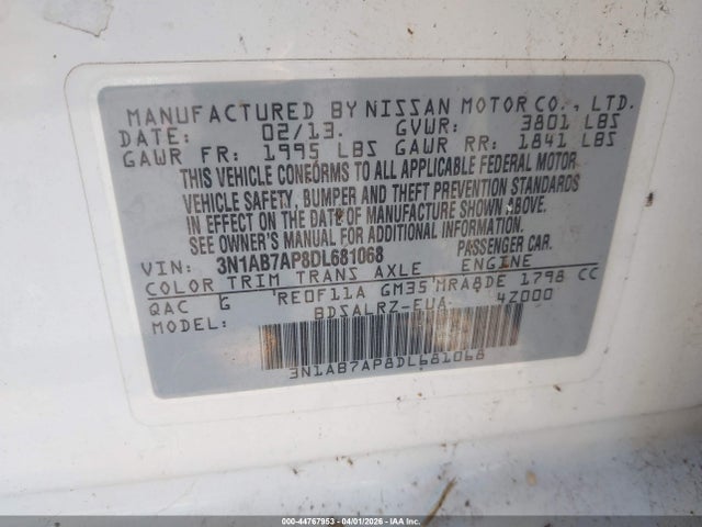 Продаж на аукціоні авто 2013 Nissan Sentra Sr, vin: 3N1AB7AP8DL681068, номер лоту: 44767953