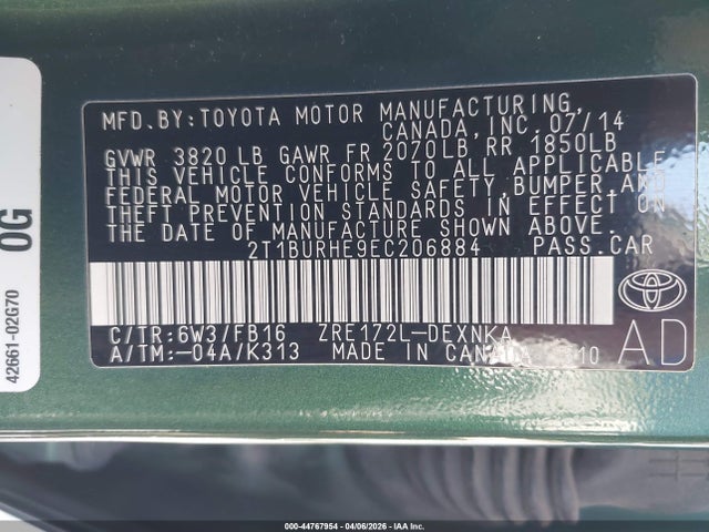 2014 Toyota Corolla Le მანქანა იყიდება აუქციონზე, vin: 2T1BURHE9EC206884, აუქციონის ნომერი: 44767954