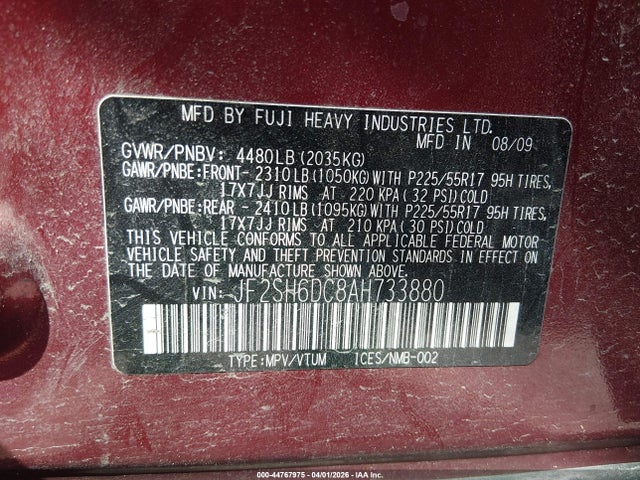 2010 Subaru Forester 2.5x Limited მანქანა იყიდება აუქციონზე, vin: JF2SH6DC8AH733880, აუქციონის ნომერი: 44767975