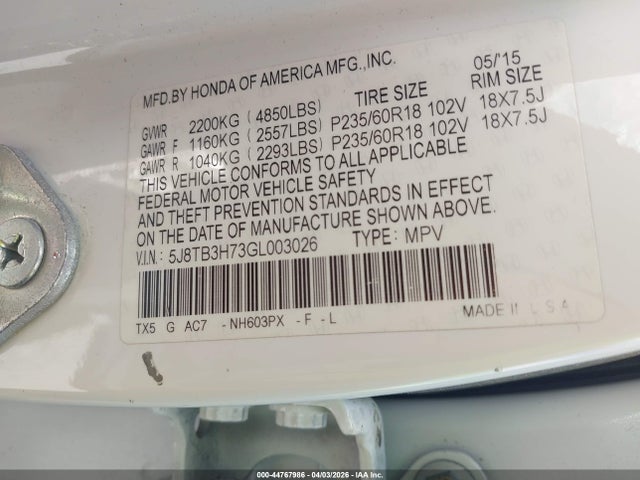 44767986 :رقم المزاد ، 5J8TB3H73GL003026 vin ، 2016 Acura Rdx Advance Package مزاد بيع