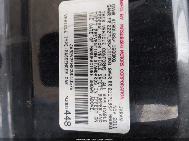 Aukcja sprzedaży 2012 Mitsubishi Lancer Se, vin: JA32V2FWXCU010578, numer aukcji: 44767999