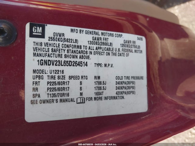Auction sale of the 2005 Chevrolet Uplander Ls, vin: 1GNDV23L65D264514, lot number: 44768039