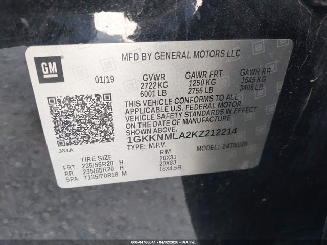 44768041 :رقم المزاد ، 1GKKNMLA2KZ212214 vin ، 2019 Gmc Acadia Slt-1 مزاد بيع
