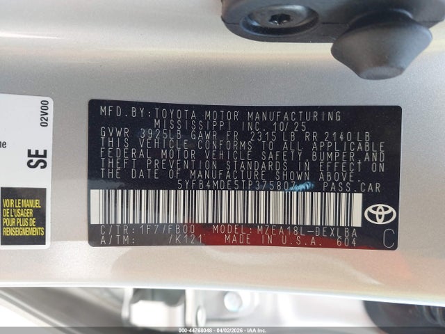 44768048 :رقم المزاد ، 5YFB4MDE5TP375807 vin ، 2026 Toyota Corolla Le مزاد بيع