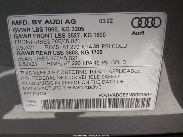 44768053 :رقم المزاد ، WA1VABGE6NB033607 vin ، 2022 Audi E-tron Chronos Quattro مزاد بيع