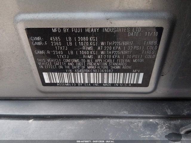 Продаж на аукціоні авто 2011 Subaru Outback 2.5i Limited, vin: 4S4BRBKC9B3369082, номер лоту: 44768071