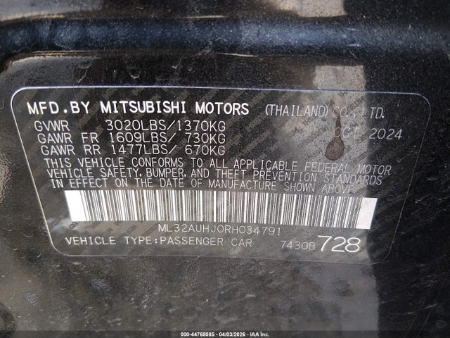 Aukcja sprzedaży 2024 Mitsubishi Mirage Le, vin: ML32AUHJ0RH034791, numer aukcji: 44768085
