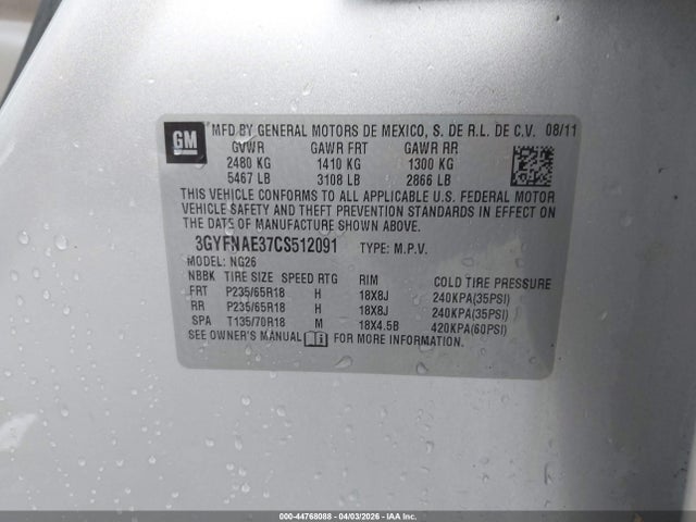44768088 :رقم المزاد ، 3GYFNAE37CS512091 vin ، 2012 Cadillac Srx Luxury Collection مزاد بيع