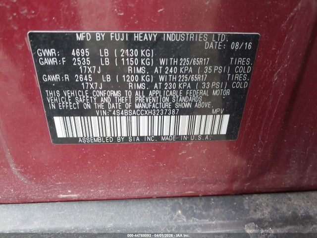 44768093 :رقم المزاد ، 4S4BSACCXH3237387 vin ، 2017 Subaru Outback 2.5i Premium مزاد بيع