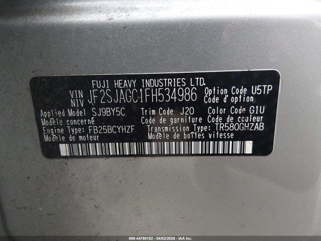 2015 Subaru Forester 2.5i Premium მანქანა იყიდება აუქციონზე, vin: JF2SJAGC1FH534986, აუქციონის ნომერი: 44768102