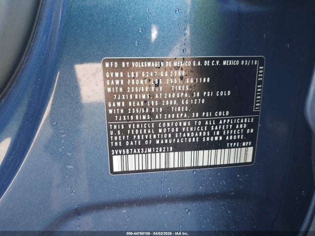 44768106 :رقم المزاد ، 3VV5B7AX3JM128219 vin ، 2018 Volkswagen Tiguan 2.0t Sel Premium مزاد بيع