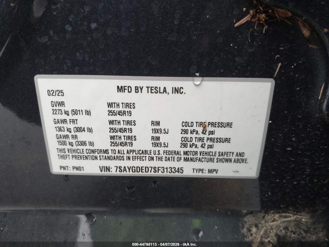 7SAYGDED7SF313345 Tesla Model Y Long Range Dual Motor Rear-wheel Drive