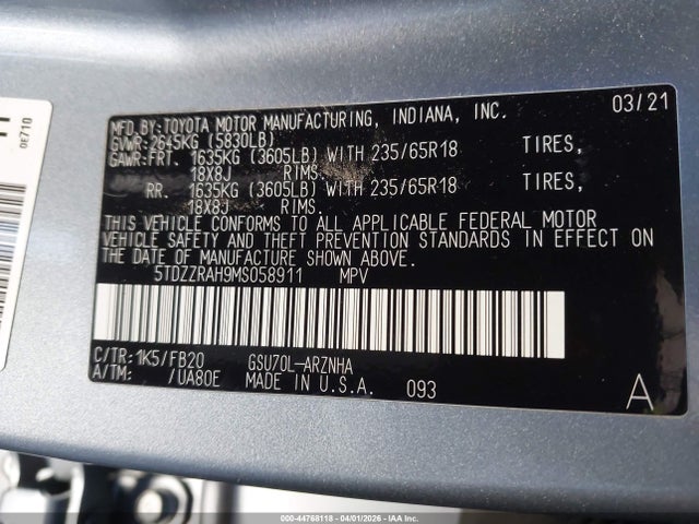 5TDZZRAH9MS058911 Toyota Highlander Le