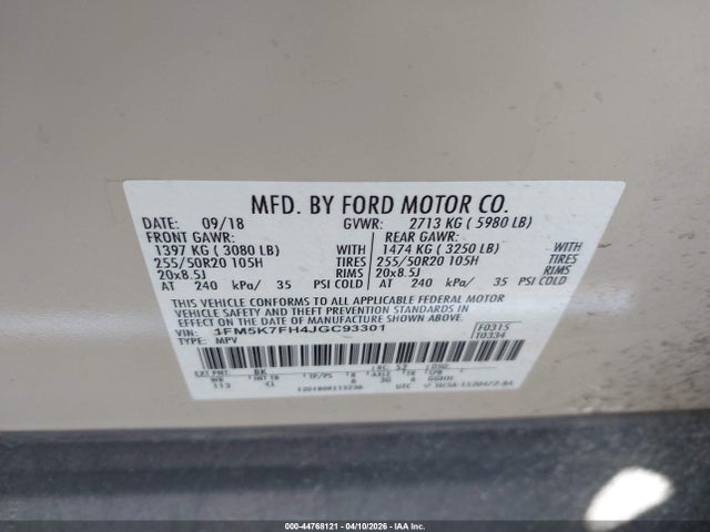 Продаж на аукціоні авто 2018 Ford Explorer Limited, vin: 1FM5K7FH4JGC93301, номер лоту: 44768121