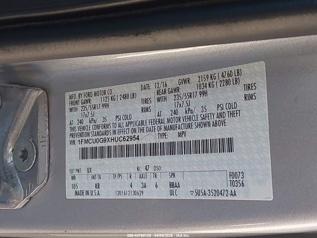 Продаж на аукціоні авто 2017 Ford Escape Se, vin: 1FMCU0G9XHUC62954, номер лоту: 44768128