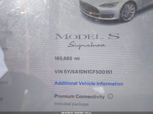 2012 Tesla Model S Signature მანქანა იყიდება აუქციონზე, vin: 5YJSA1DN1CFS00151, აუქციონის ნომერი: 44768130