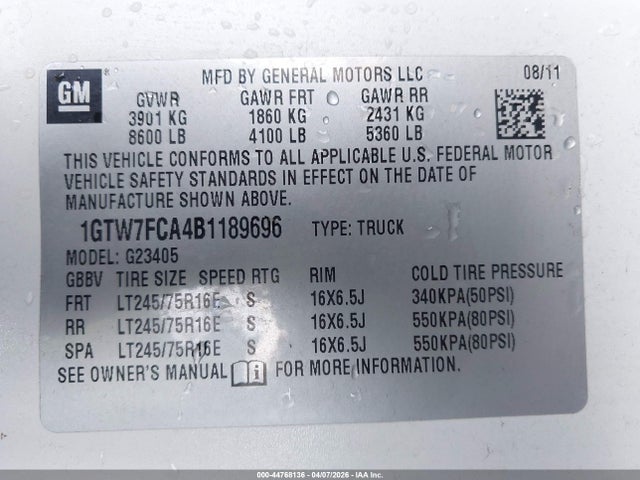 Продаж на аукціоні авто 2011 Gmc Savana 2500 Work Van, vin: 1GTW7FCA4B1189696, номер лоту: 44768136