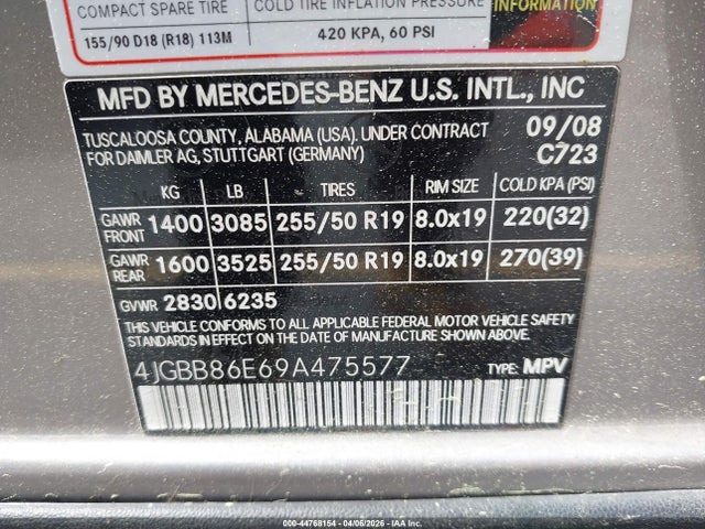 2009 Mercedes-benz Ml 350 4matic მანქანა იყიდება აუქციონზე, vin: 4JGBB86E69A475577, აუქციონის ნომერი: 44768154
