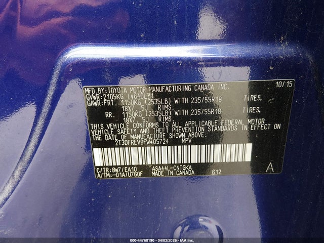 44768190 :رقم المزاد ، 2T3DFREV9FW405724 vin ، 2015 Toyota Rav4 Limited مزاد بيع