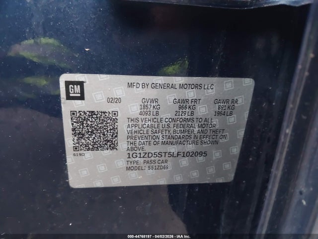 44768197 :رقم المزاد ، 1G1ZD5ST5LF102095 vin ، 2020 Chevrolet Malibu Fwd Lt مزاد بيع