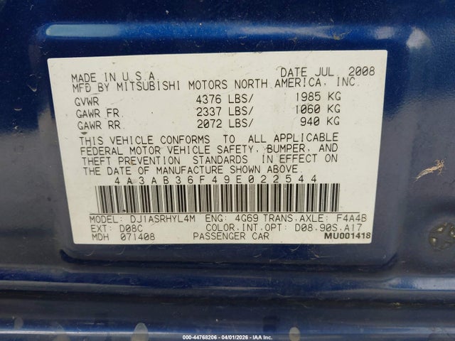 2009 MITSUBISHI GALANT 4A3AB36F49E022544 Photo 8