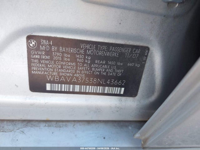 44768209 :رقم المزاد ، WBAVA37538NL43662 vin ، 2008 Bmw 328i مزاد بيع
