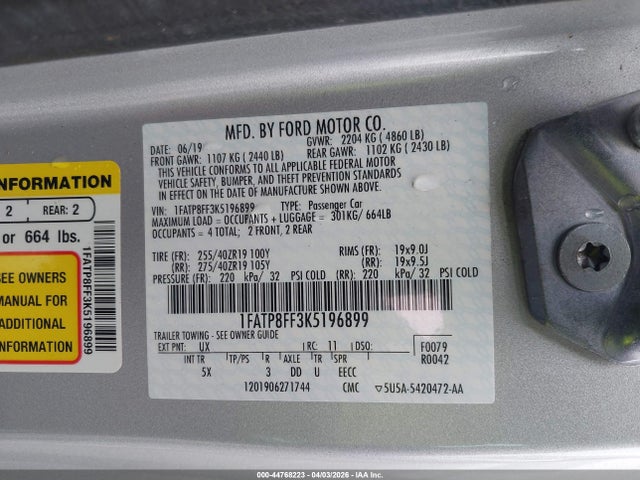2019 Ford Mustang Gt Premium მანქანა იყიდება აუქციონზე, vin: 1FATP8FF3K5196899, აუქციონის ნომერი: 44768223