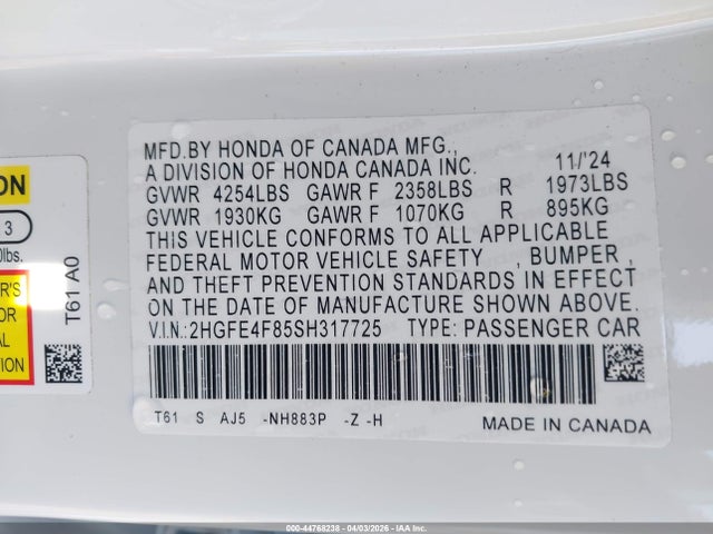 2HGFE4F85SH317725 Honda Civic Hybrid Sport/sport Touring