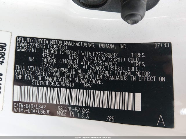 2013 Toyota Sienna Xle V6 8 Passenger მანქანა იყიდება აუქციონზე, vin: 5TDYK3DC6DS390849, აუქციონის ნომერი: 44768249