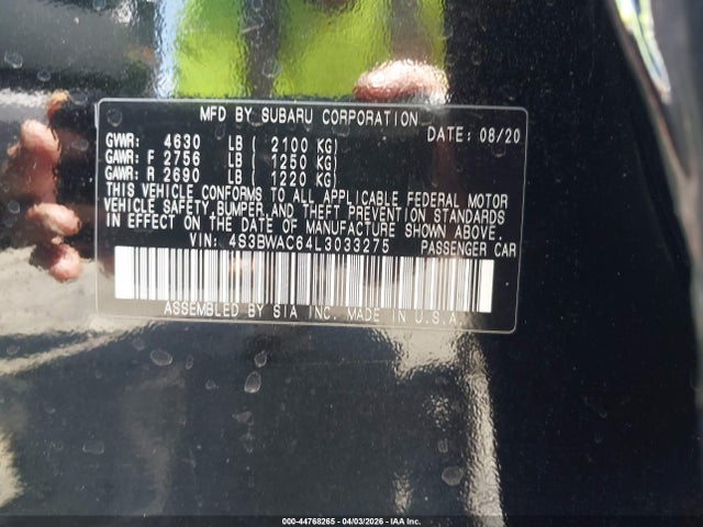 44768265 :رقم المزاد ، 4S3BWAC64L3033275 vin ، 2020 Subaru Legacy Premium مزاد بيع