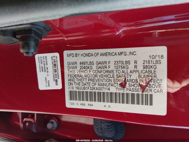 2019 Acura Tlx Standard მანქანა იყიდება აუქციონზე, vin: 19UUB1F32KA007114, აუქციონის ნომერი: 44768282