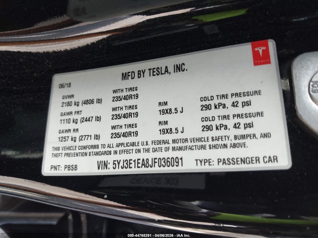 2018 Tesla Model 3 Long Range/mid Range მანქანა იყიდება აუქციონზე, vin: 5YJ3E1EA8JF036091, აუქციონის ნომერი: 44768291