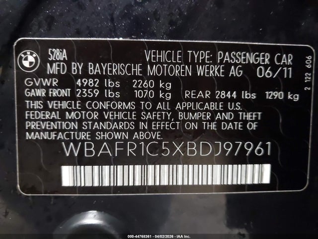 2011 Bmw 528i მანქანა იყიდება აუქციონზე, vin: WBAFR1C5XBDJ97961, აუქციონის ნომერი: 44768361