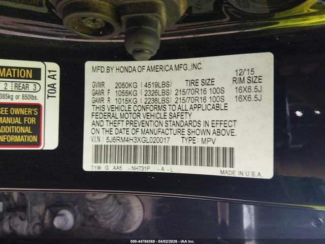 Продажа на аукционе авто 2016 Honda Cr-v Lx, vin: 5J6RM4H3XGL020017, номер лота: 44768369