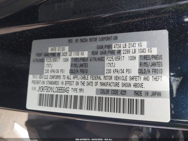 2020 Mazda Cx-5 Touring მანქანა იყიდება აუქციონზე, vin: JM3KFBCMXL0866849, აუქციონის ნომერი: 44768378