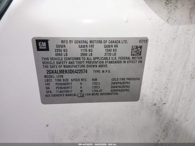 2013 Gmc Terrain Sle-1 მანქანა იყიდება აუქციონზე, vin: 2GKALMEK0D6422574, აუქციონის ნომერი: 44768391