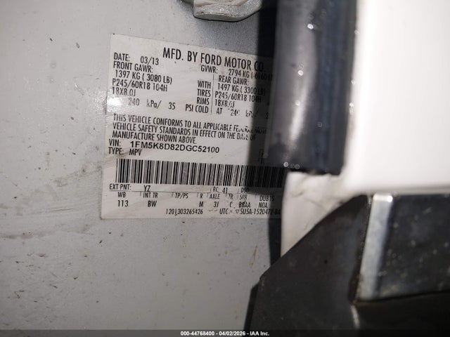 44768400 :رقم المزاد ، 1FM5K8D82DGC52100 vin ، 2013 Ford Explorer Xlt مزاد بيع