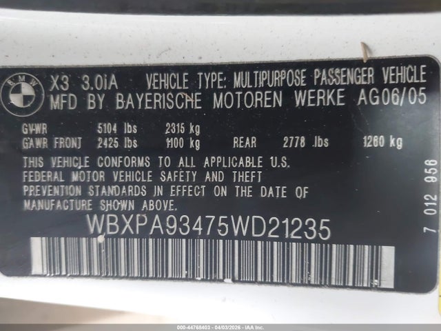 Продажа на аукционе авто 2005 Bmw X3 3.0i, vin: WBXPA93475WD21235, номер лота: 44768403