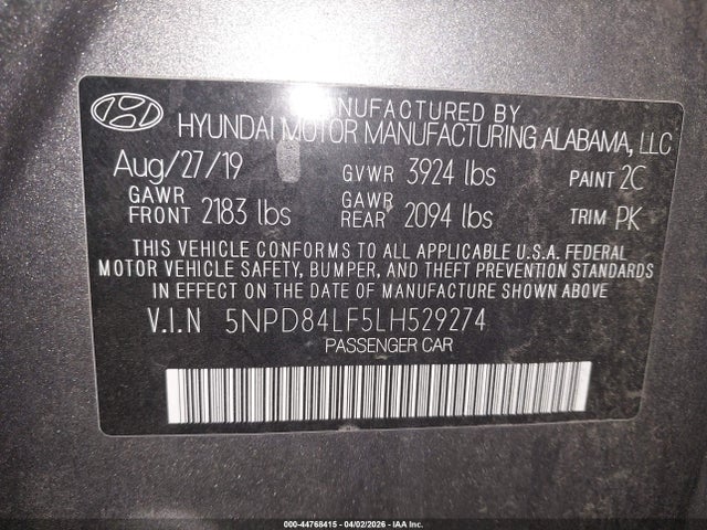 2020 Hyundai Elantra Sel მანქანა იყიდება აუქციონზე, vin: 5NPD84LF5LH529274, აუქციონის ნომერი: 44768415