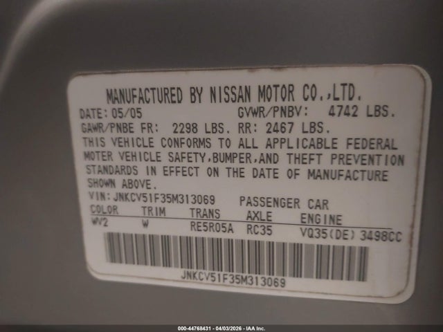 2005 Infiniti G35x მანქანა იყიდება აუქციონზე, vin: JNKCV51F35M313069, აუქციონის ნომერი: 44768431