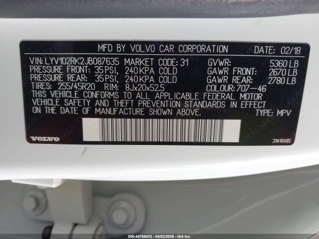 2018 Volvo Xc60 T5 Momentum მანქანა იყიდება აუქციონზე, vin: LYV102RK2JB087635, აუქციონის ნომერი: 44768433