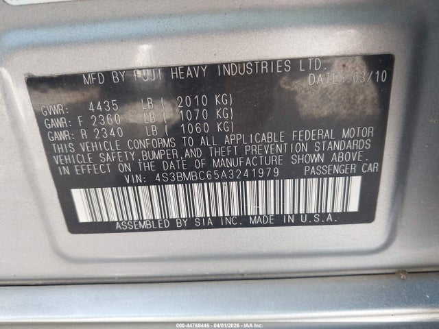 Aukcja sprzedaży 2010 Subaru Legacy 2.5i Premium, vin: 4S3BMBC65A3241979, numer aukcji: 44768446