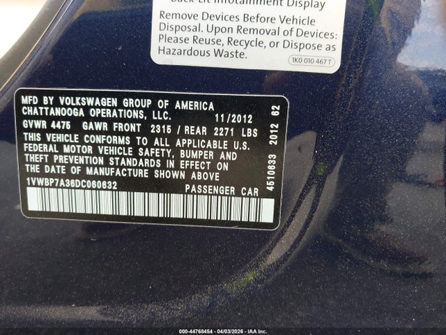 Продаж на аукціоні авто 2013 Volkswagen Passat 2.5l Se, vin: 1VWBP7A36DC060632, номер лоту: 44768454