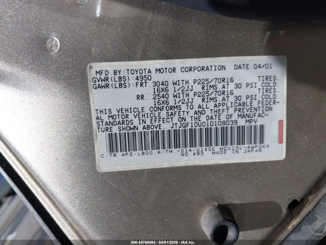 Aukcja sprzedaży 2001 Lexus Rx 300, vin: JTJGF10U010108039, numer aukcji: 44768464