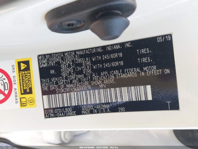 Aukcja sprzedaży 2019 Toyota Highlander Xle, vin: 5TDKZRFH1KS333016, numer aukcji: 44768465